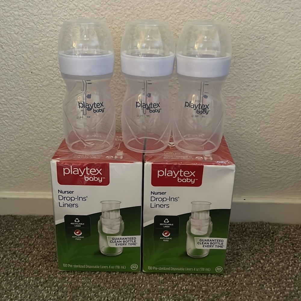 3 Playtex baby bottles with liners